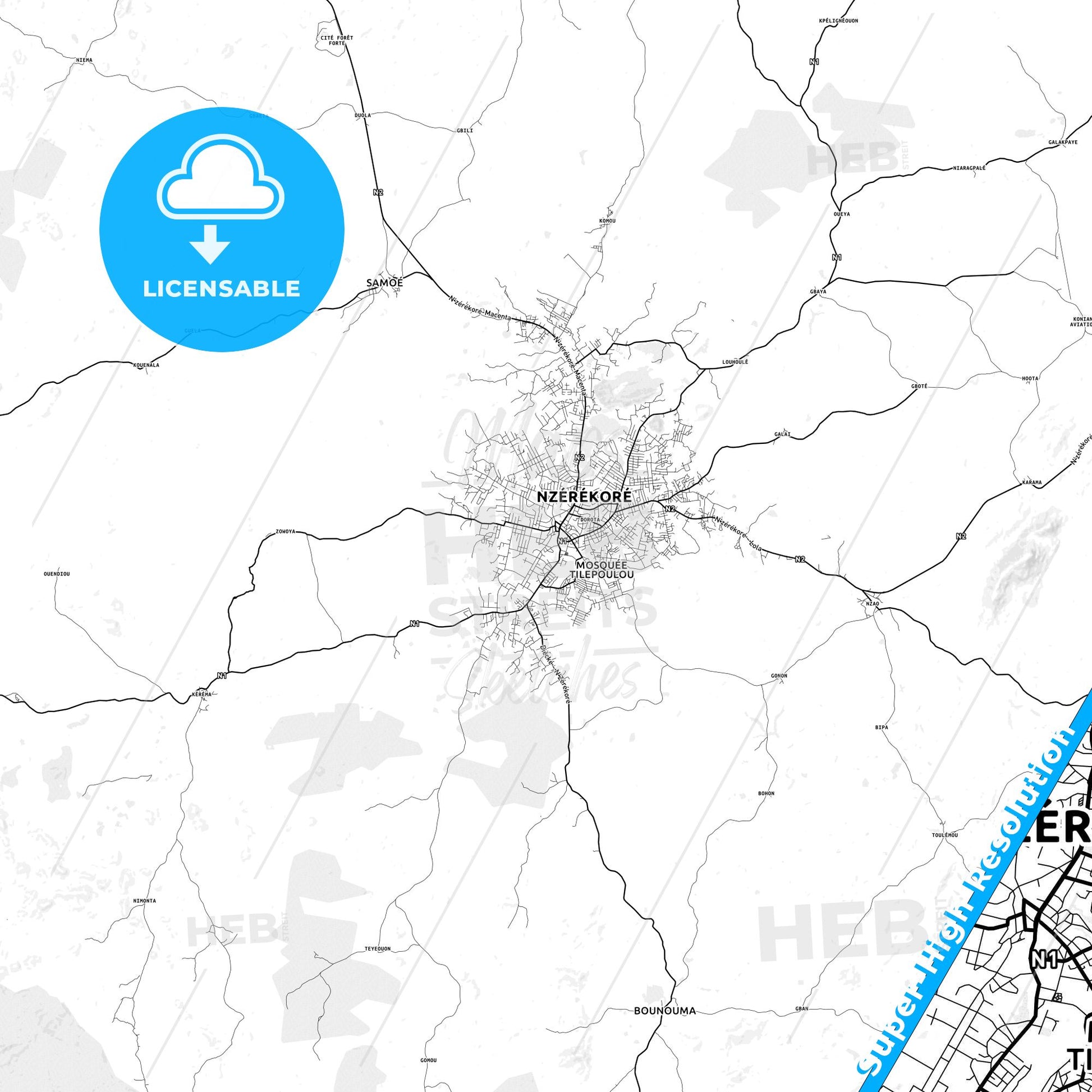 Nzerekore, Guinea light map with streetnames, citynames and districts