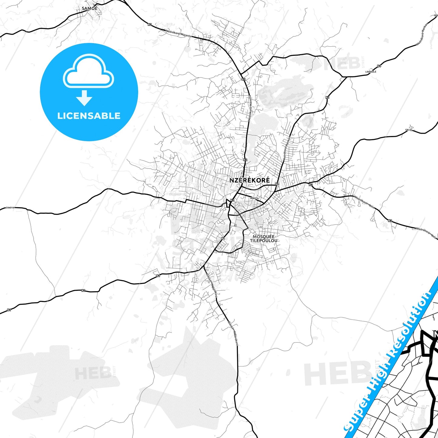 Nzerekore, Guinea Light Map with Street Names, City Names, and Districts