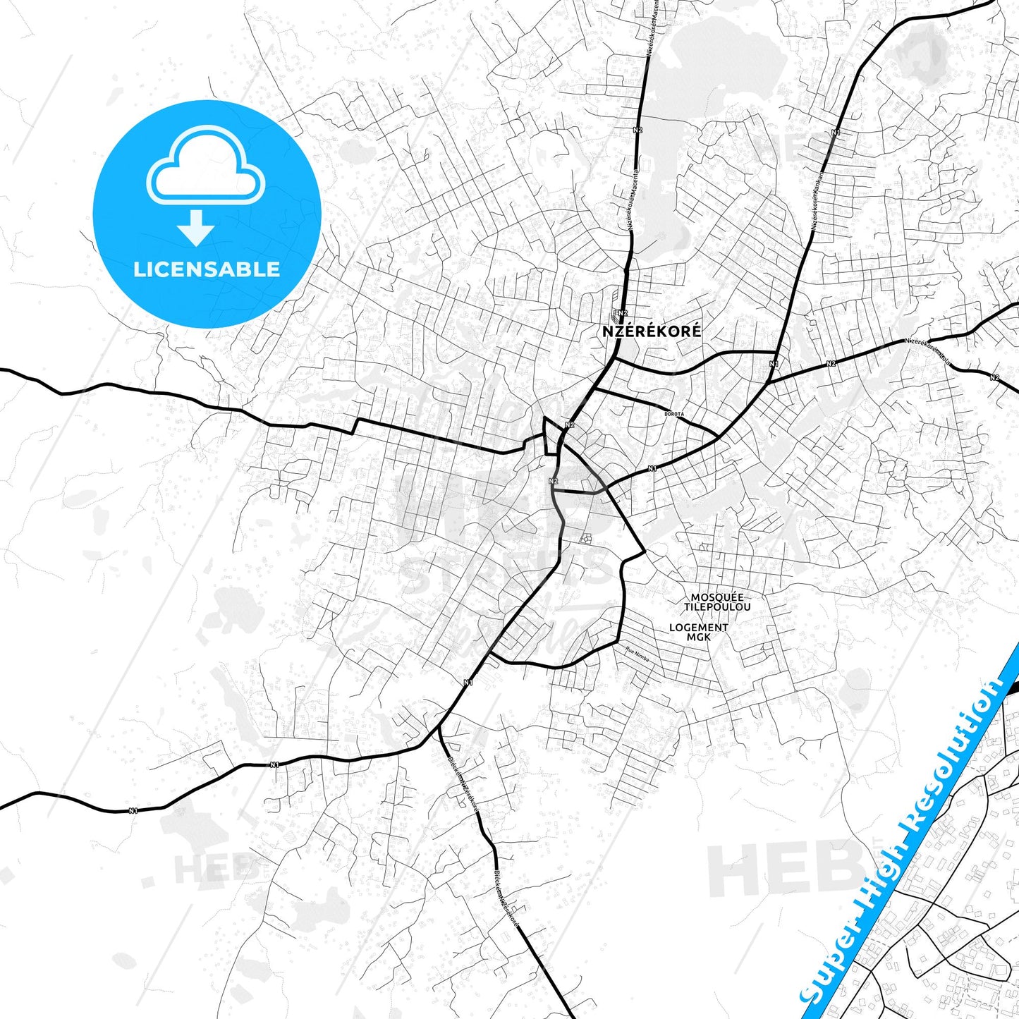 Nzerekore, Guinea Light Map with Street Names, City Names, and Districts