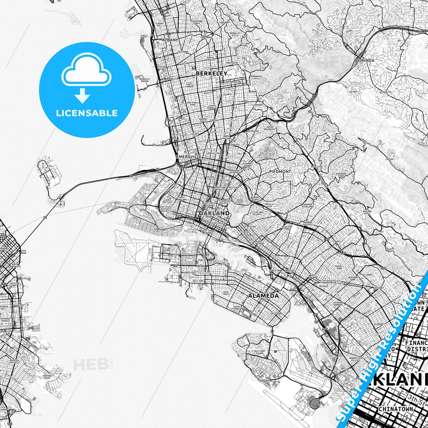 Oakland, California light map with streetnames, citynames and districts