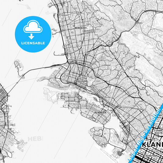 Oakland, California light map with streetnames, citynames and districts