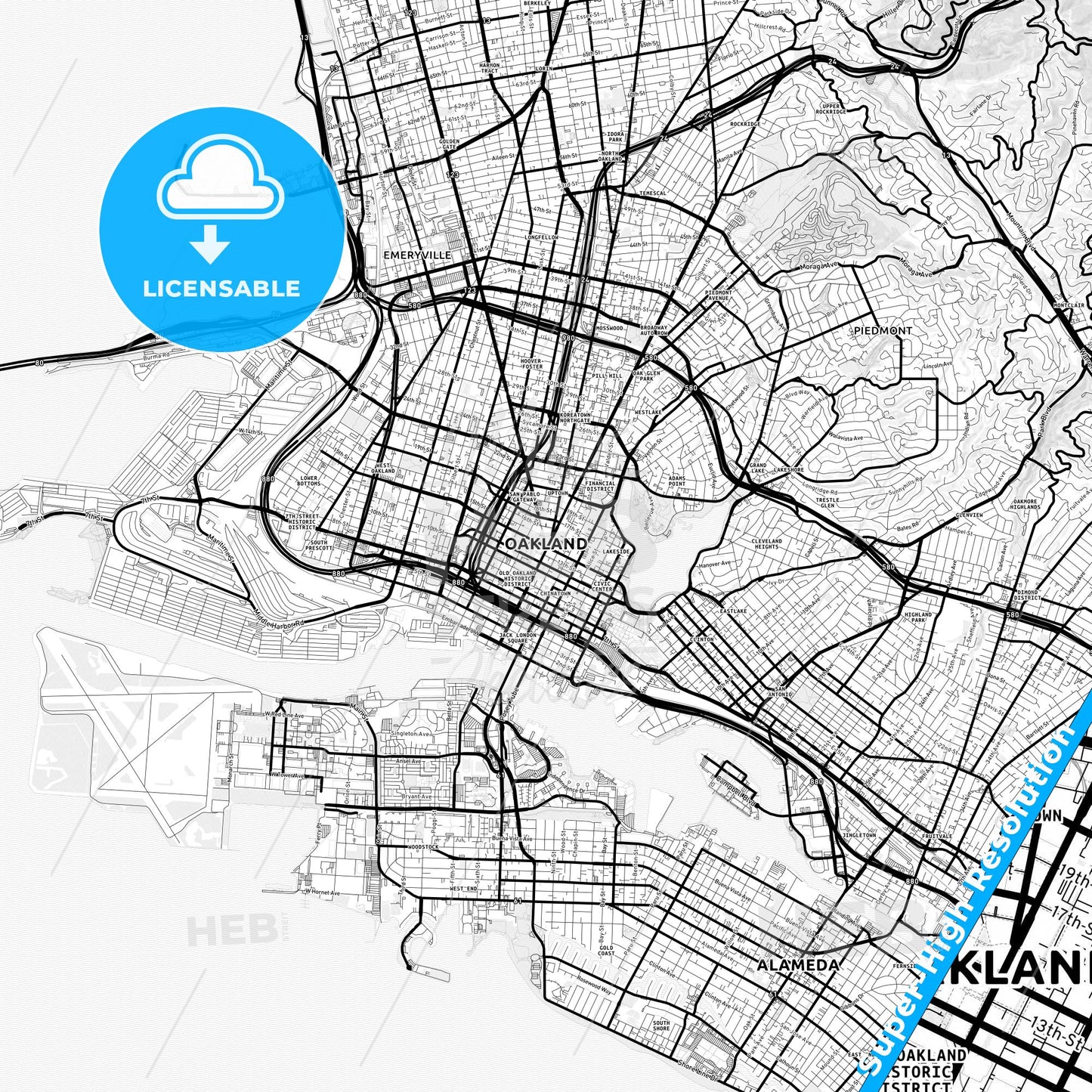 Oakland, California Light Map with Street Names, City Names, and Districts