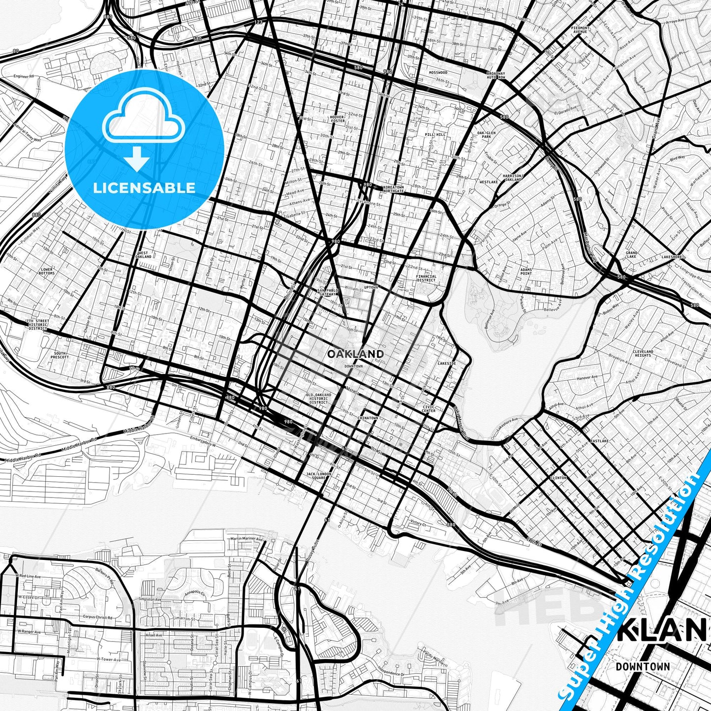 Oakland, California Light Map with Street Names, City Names, and Districts