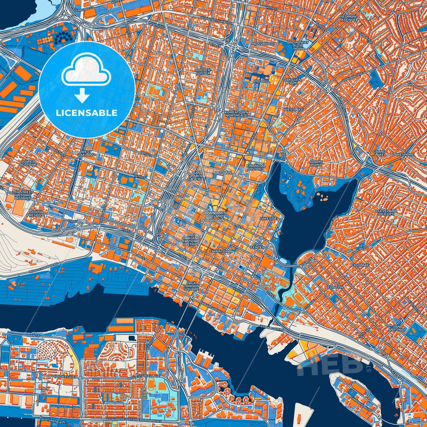 Colorful Oakland Street Map with Labels and Buildings