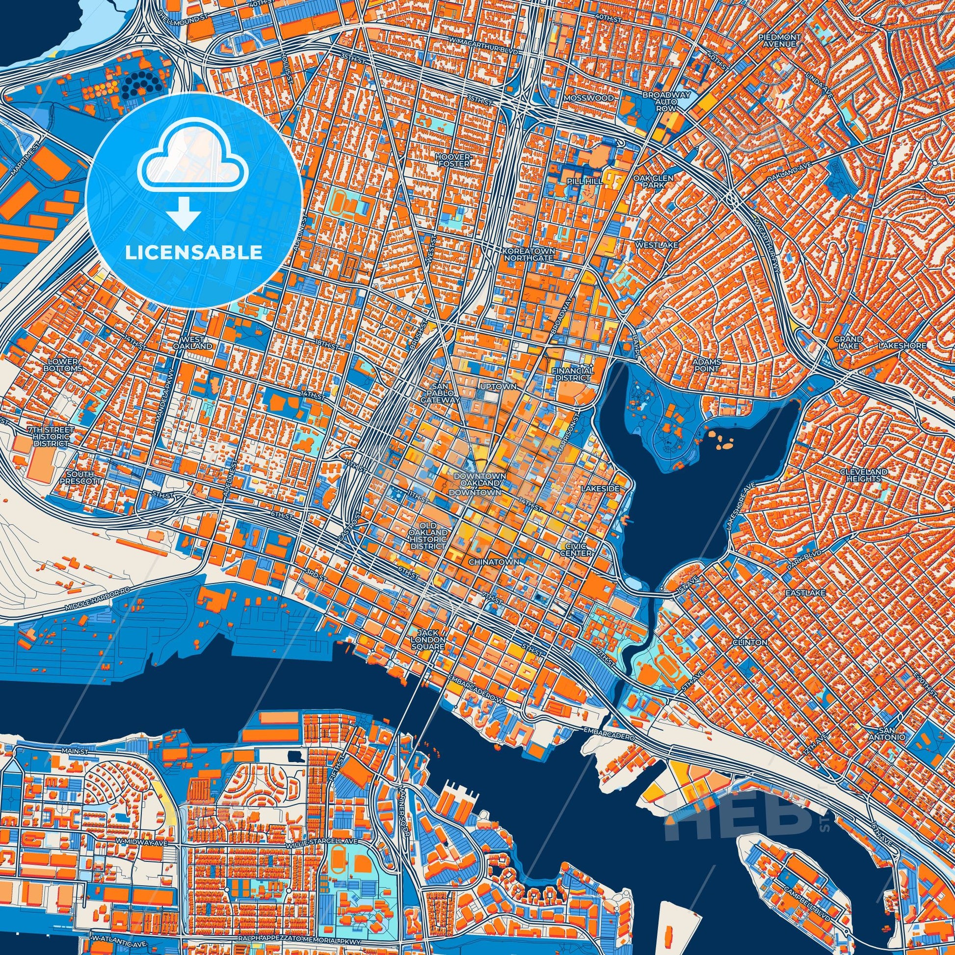 Colorful Oakland Street Map with Labels and Buildings