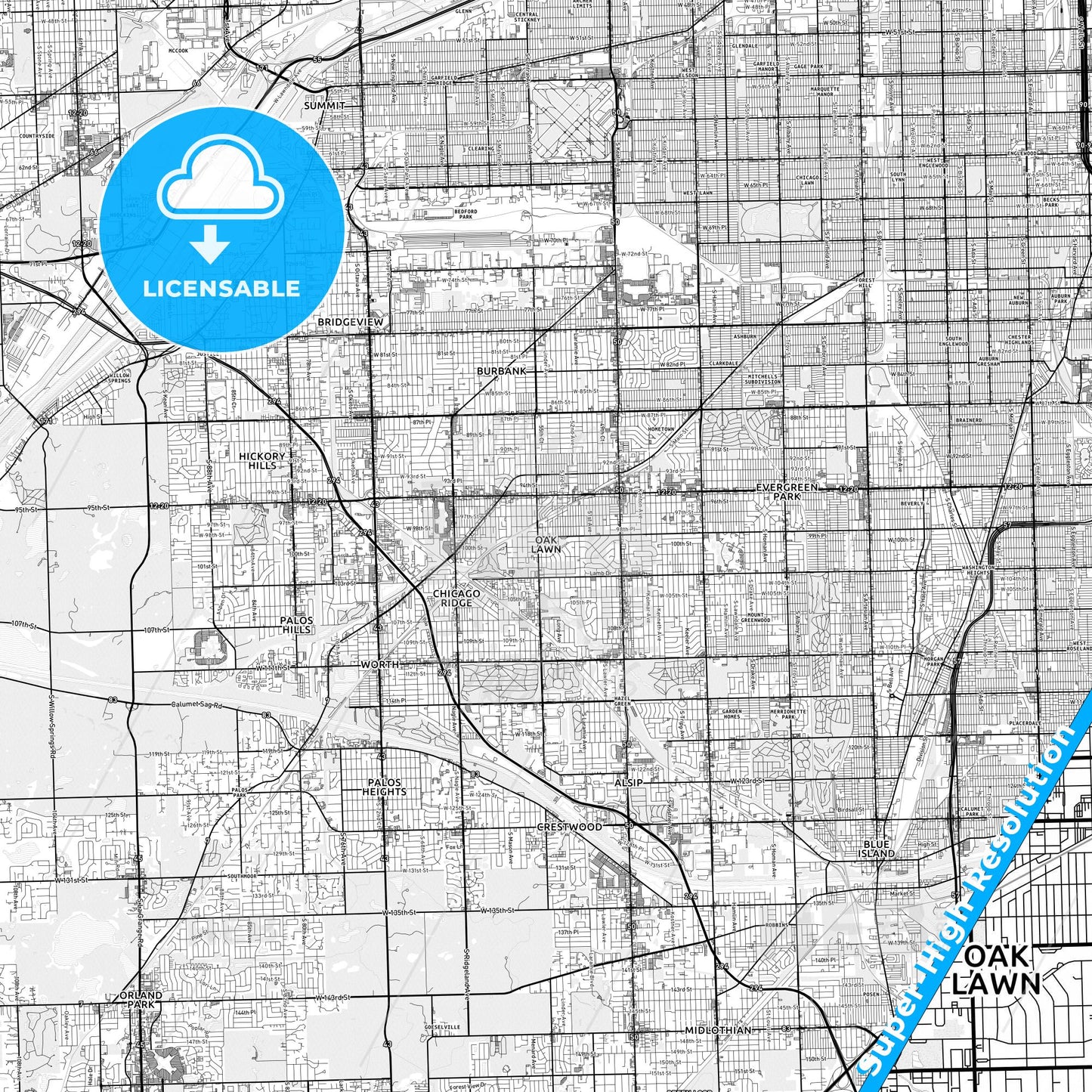 Oak Lawn, Illinois light map with streetnames, citynames and districts