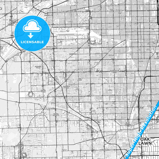 Oak Lawn, Illinois light map with streetnames, citynames and districts