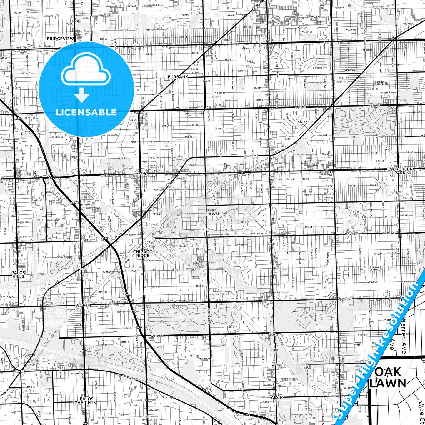 Oak Lawn, Illinois Light Map with Street Names, City Names, and Districts