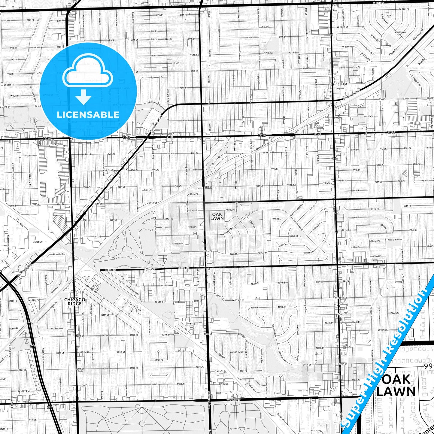 Oak Lawn, Illinois Light Map with Street Names, City Names, and Districts
