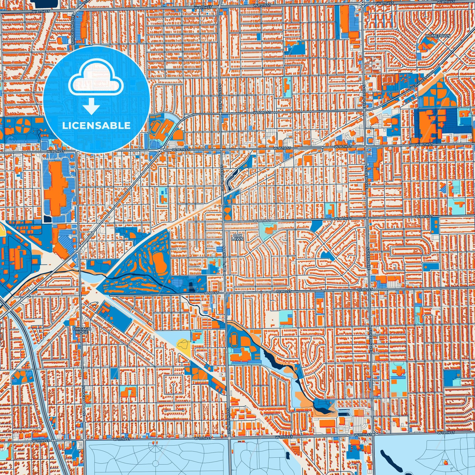 Colorful Oak Lawn Street Map with Labels and Buildings