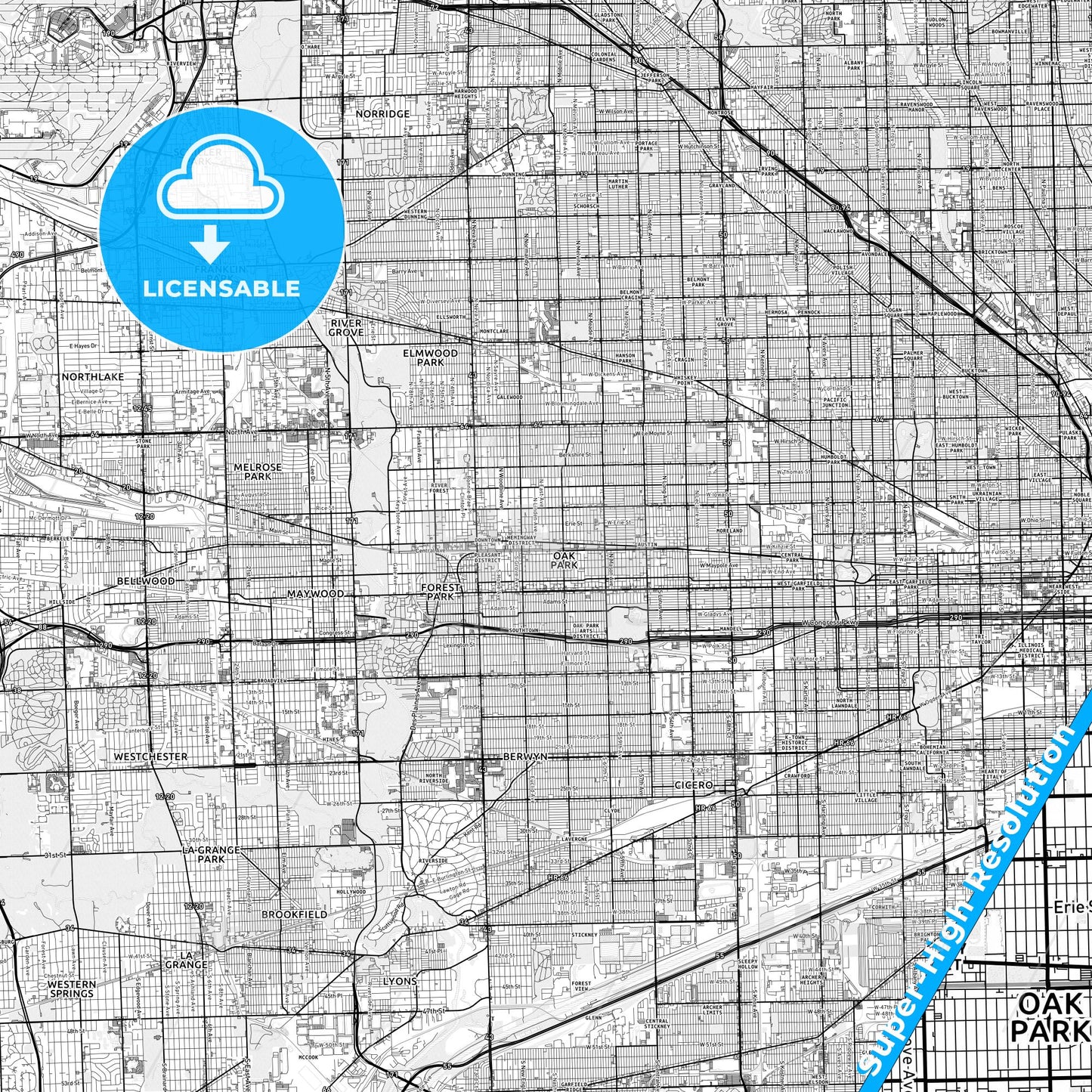 Oak Park, Illinois light map with streetnames, citynames and districts