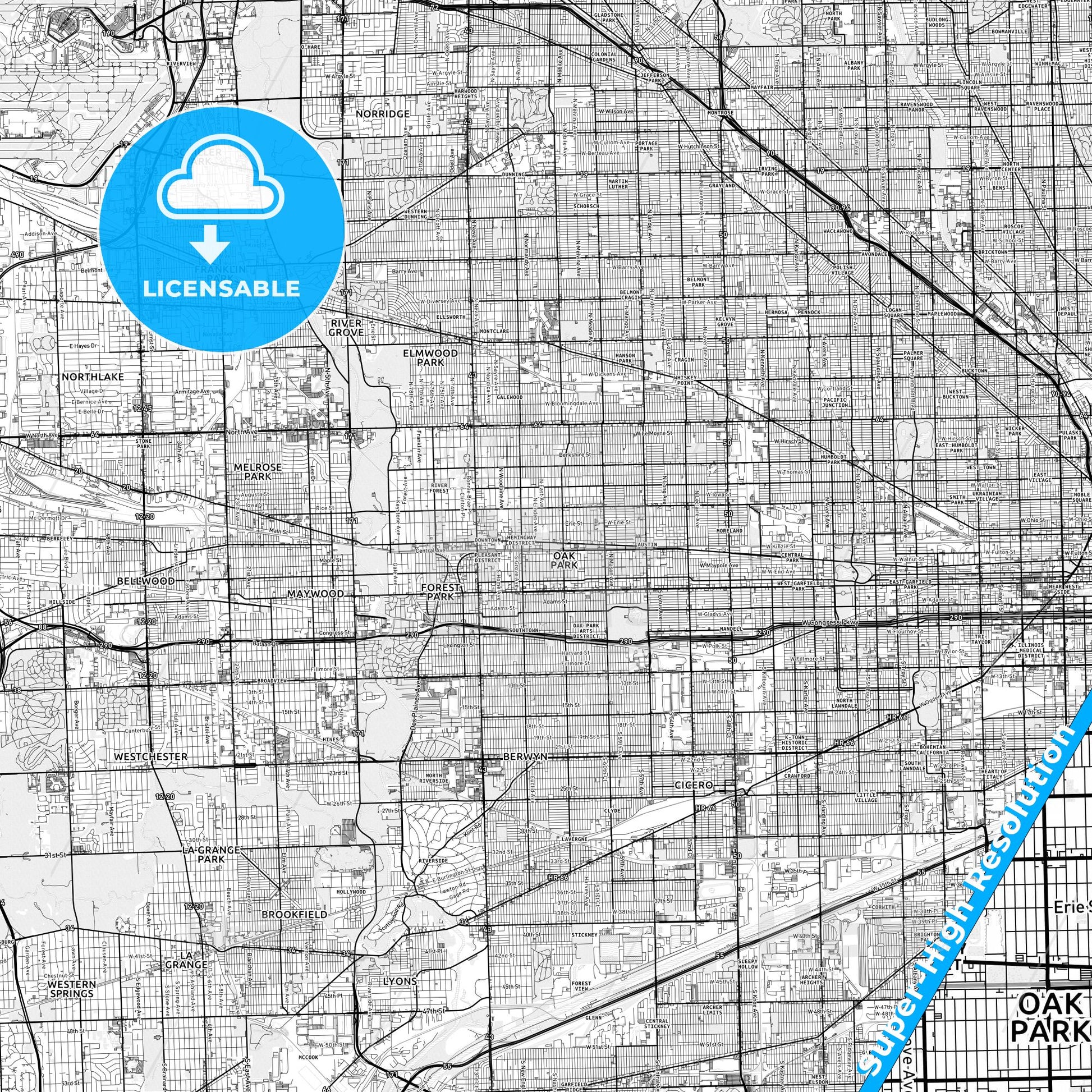 Oak Park, Illinois light map with streetnames, citynames and districts