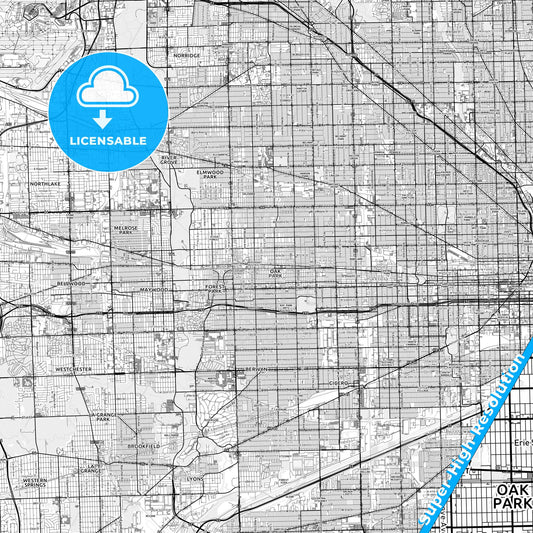 Oak Park, Illinois light map with streetnames, citynames and districts