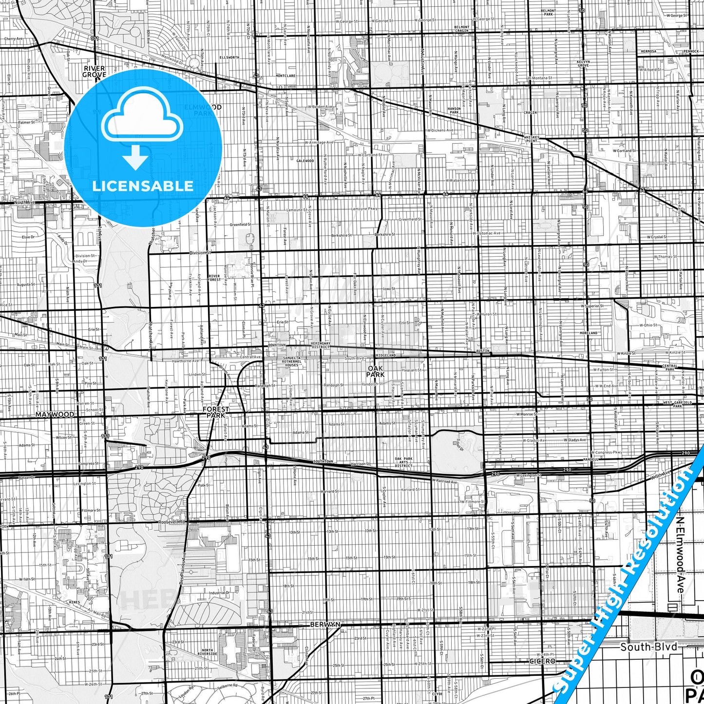 Oak Park, Illinois Light Map with Street Names, City Names, and Districts