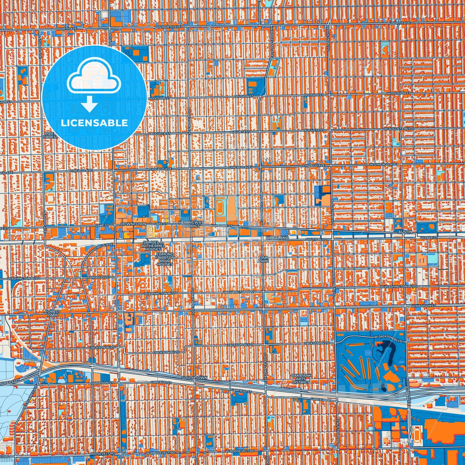Colorful Oak Park Street Map with Labels and Buildings