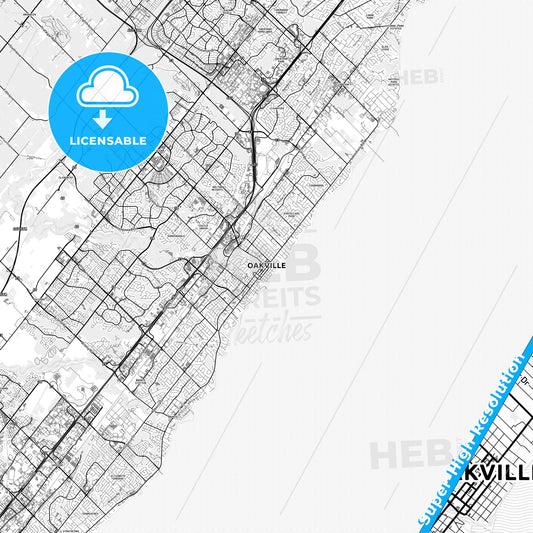 Oakville, Canada light map with streetnames, citynames and districts