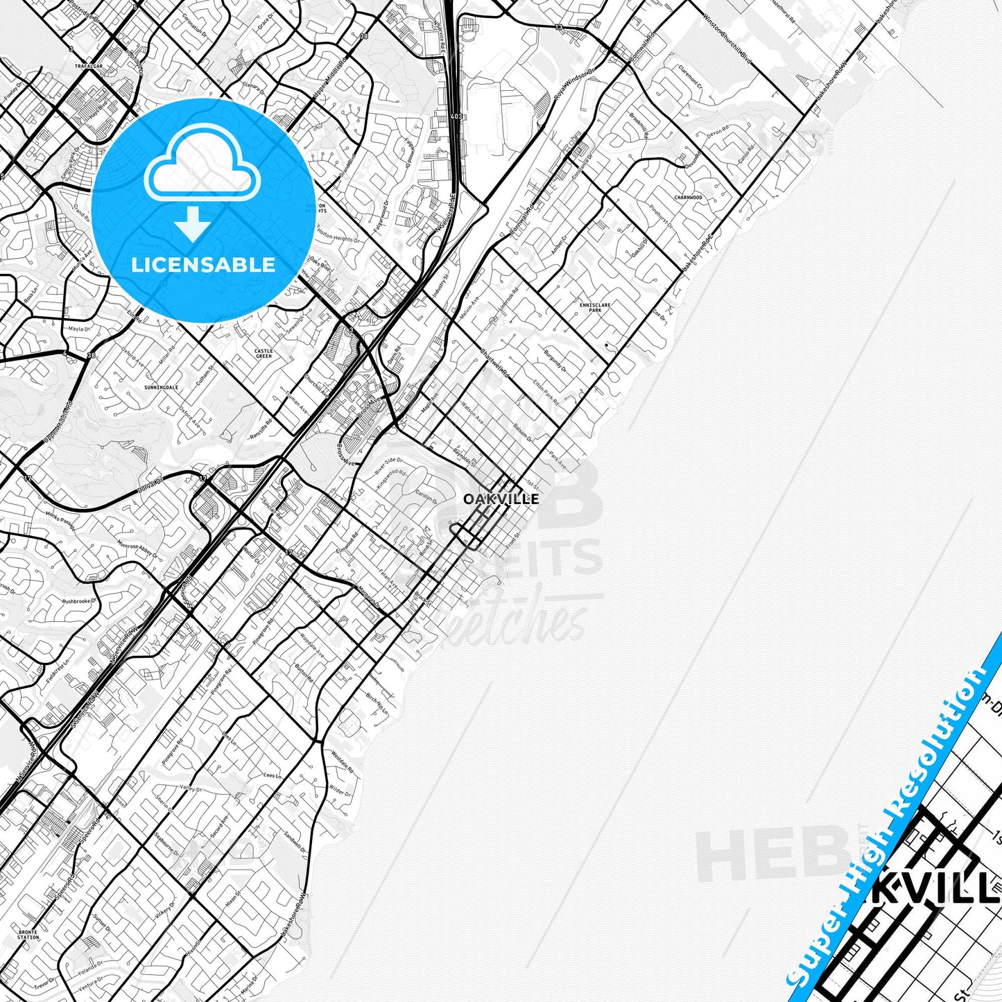 Oakville, Canada Light Map with Street Names, City Names, and Districts