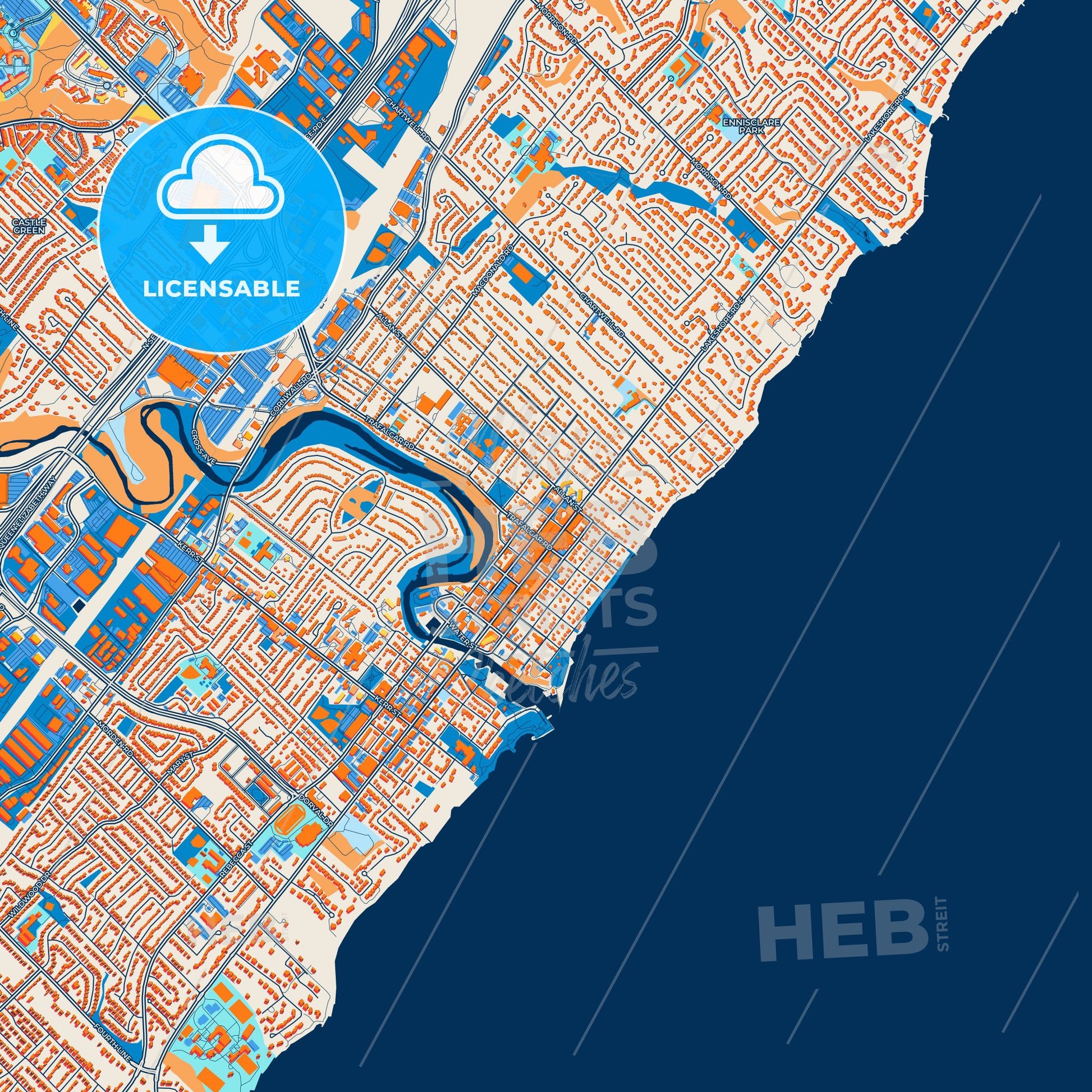 Colorful Oakville Street Map with Labels and Buildings