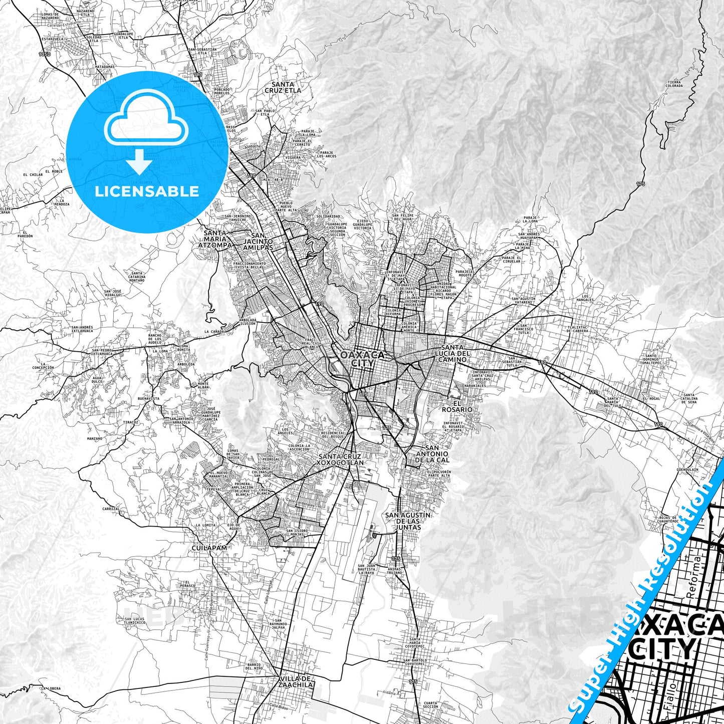 Oaxaca, Mexico light map with streetnames, citynames and districts