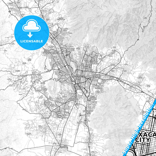 Oaxaca, Mexico light map with streetnames, citynames and districts