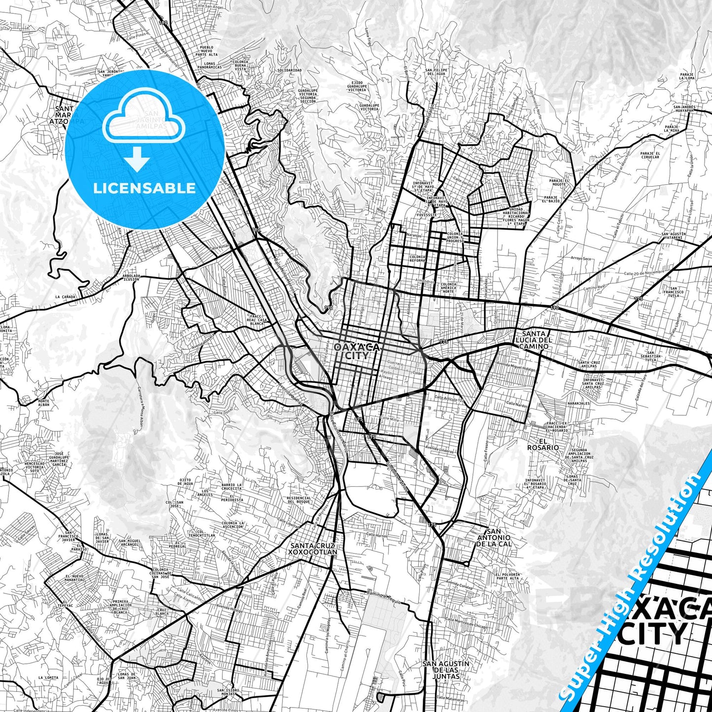 Oaxaca, Mexico Light Map with Street Names, City Names, and Districts