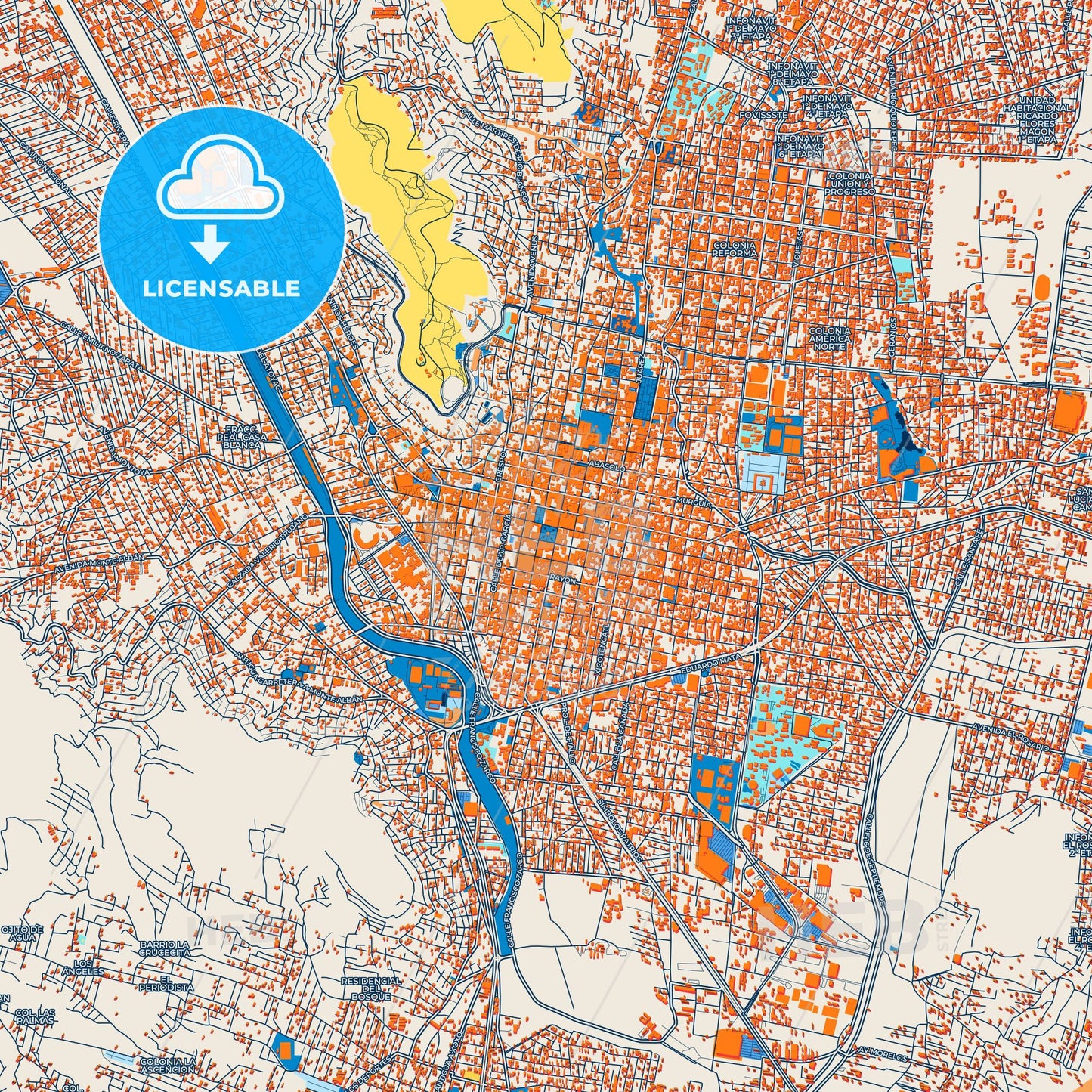Colorful Oaxaca Street Map with Labels and Buildings