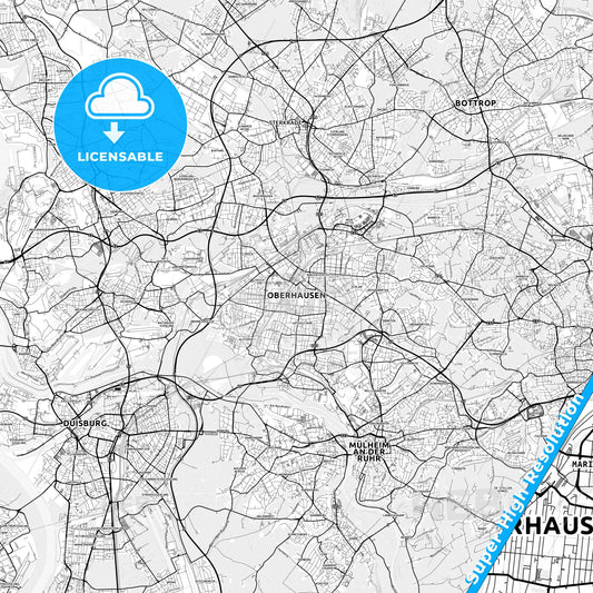 Oberhausen, Germany light map with streetnames, citynames and districts