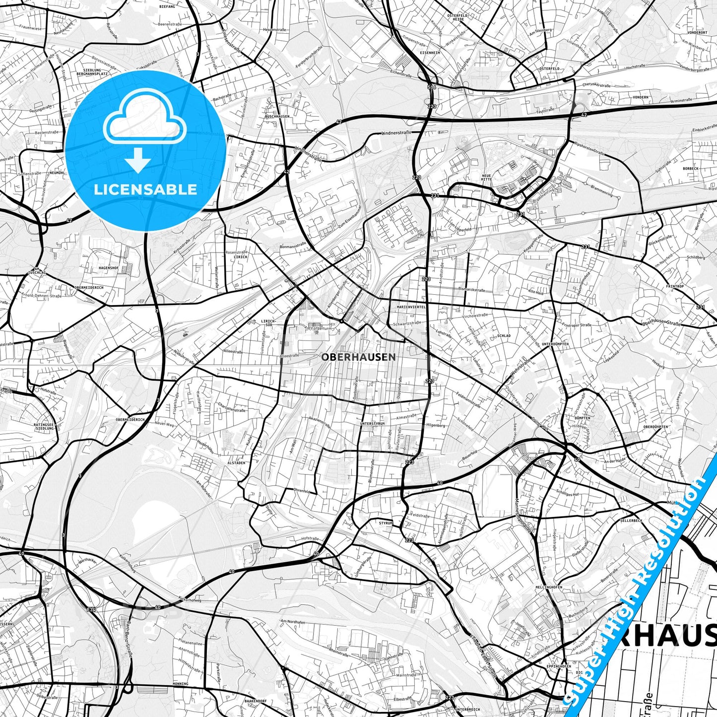 Oberhausen, Germany Light Map with Street Names, City Names, and Districts