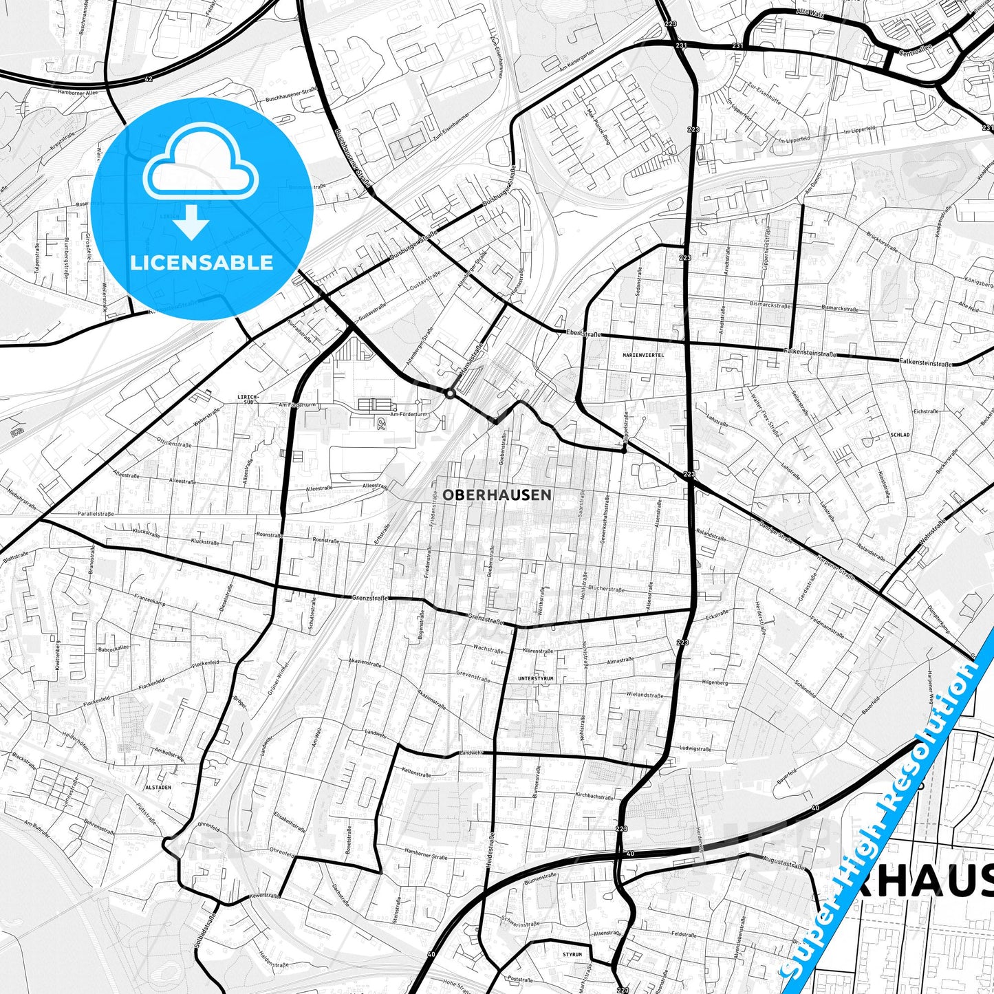 Oberhausen, Germany Light Map with Street Names, City Names, and Districts