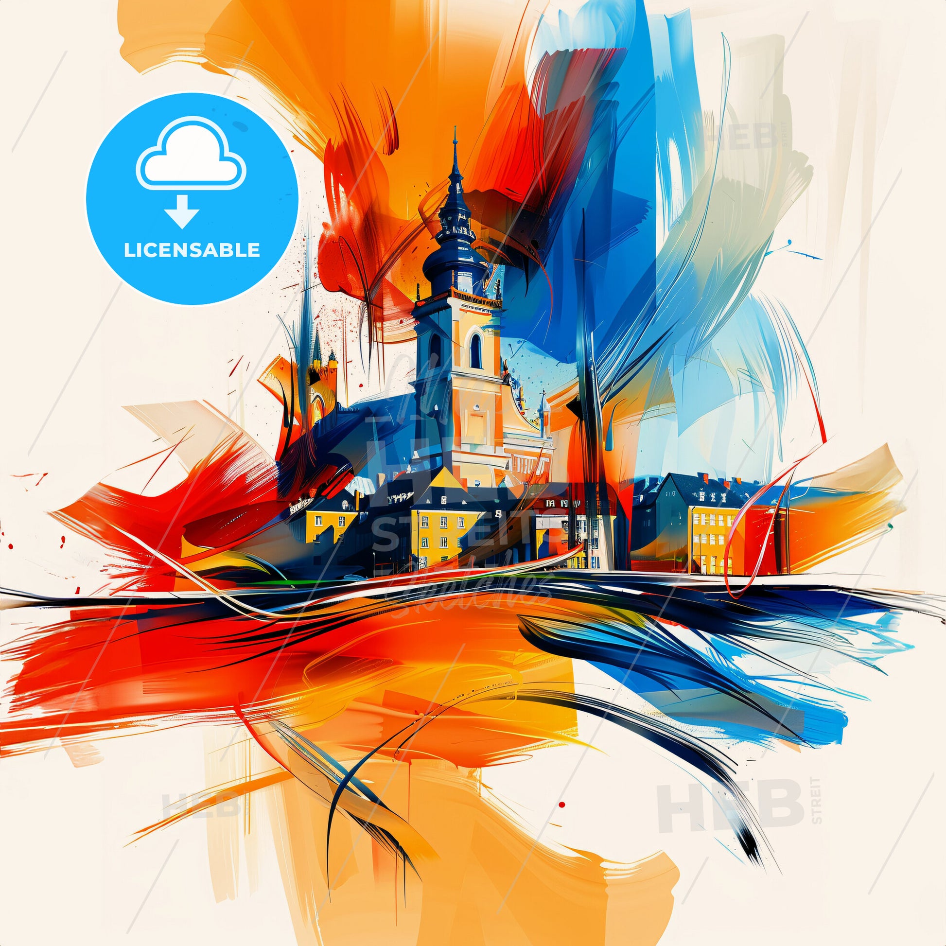 Vibrant Oberhausen, Germany - A Painting Of A Building With A Tower