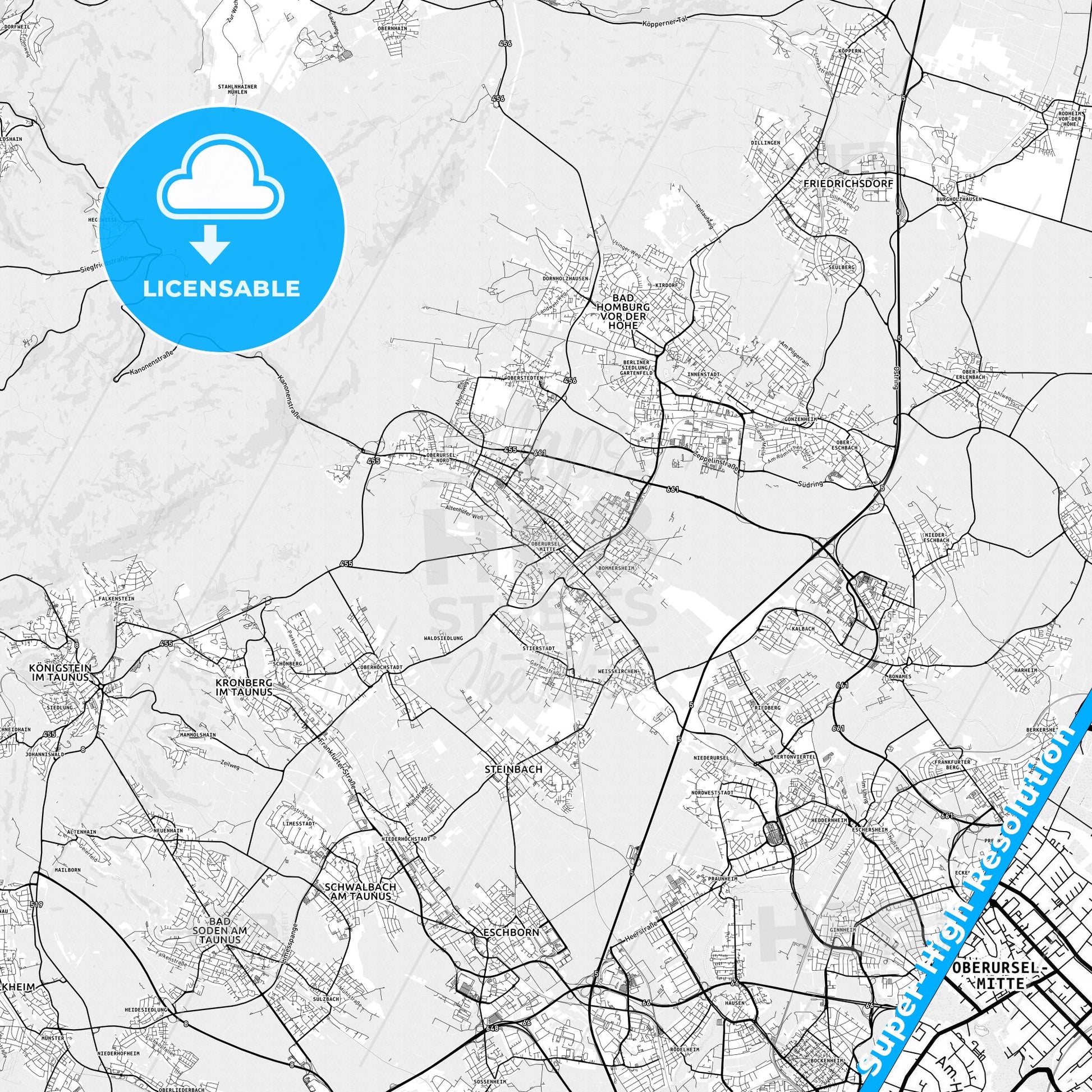 Oberursel (Taunus), Germany light map with streetnames, citynames and districts