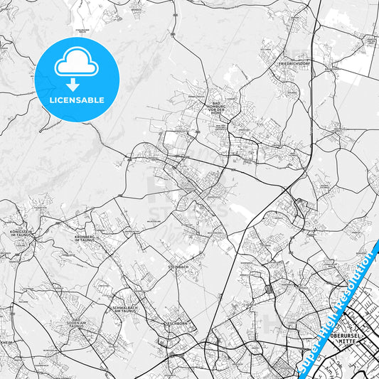 Oberursel (Taunus), Germany light map with streetnames, citynames and districts