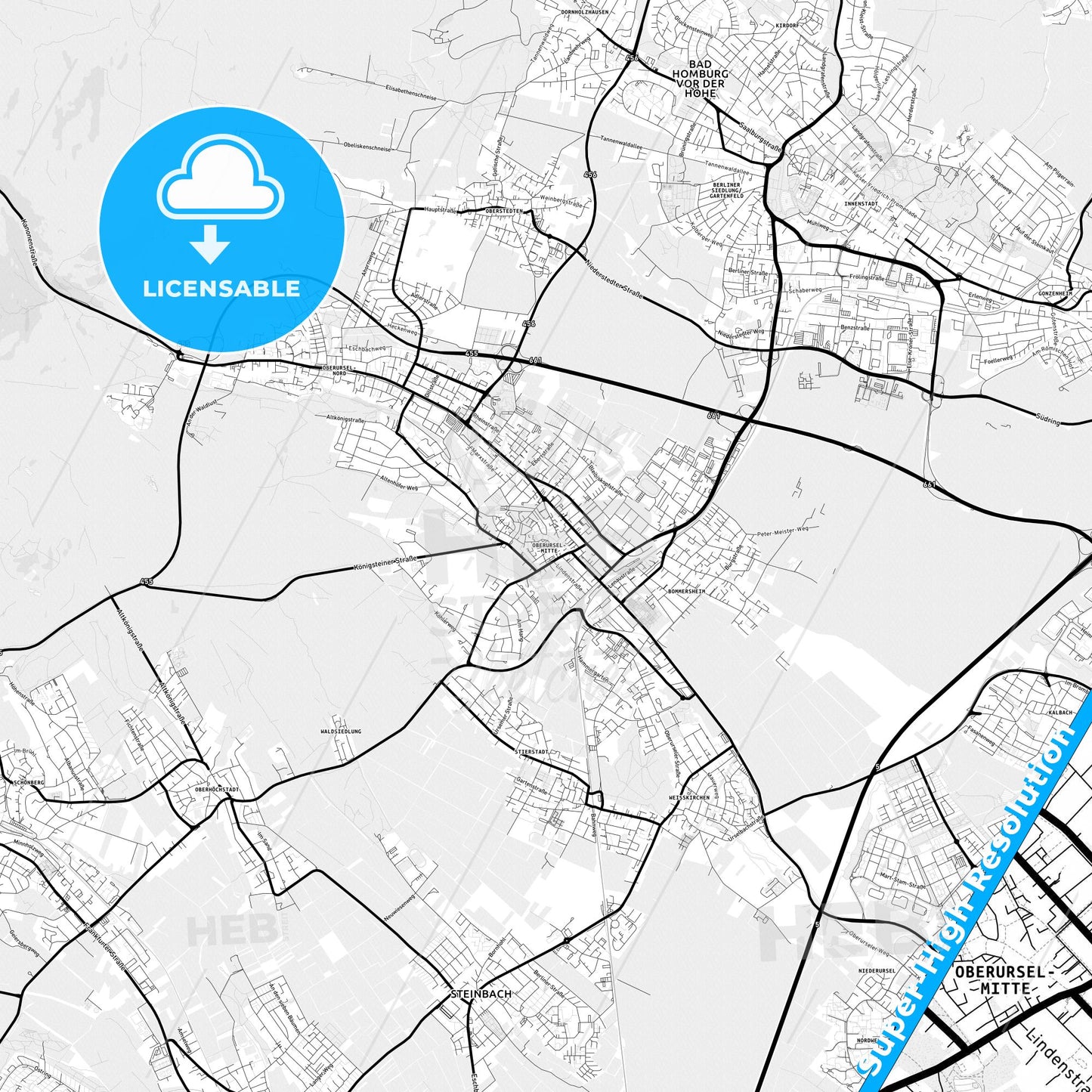 Oberursel (Taunus), Germany Light Map with Street Names, City Names, and Districts