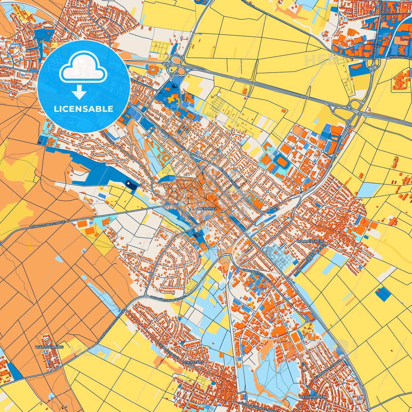 Colorful Oberursel (Taunus) Street Map with Labels and Buildings