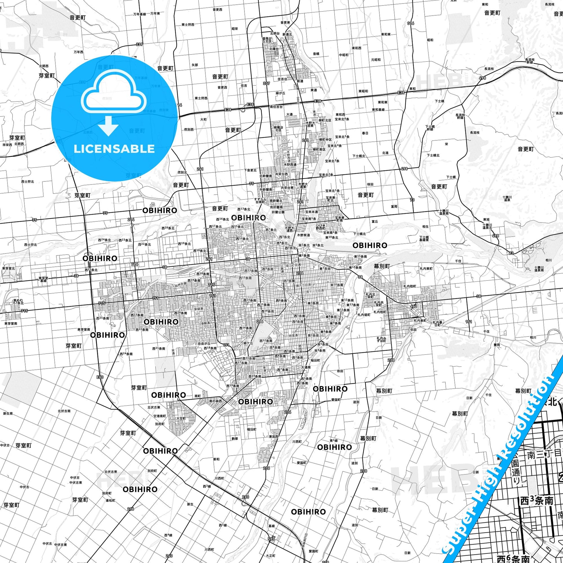 Obihiro, Japan light map with streetnames, citynames and districts