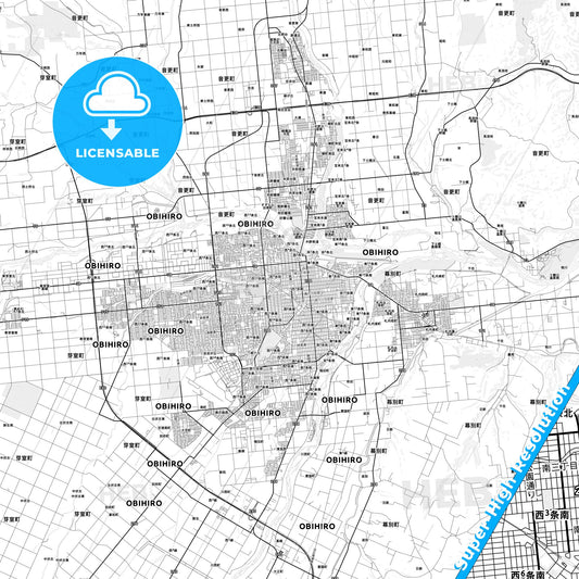 Obihiro, Japan light map with streetnames, citynames and districts