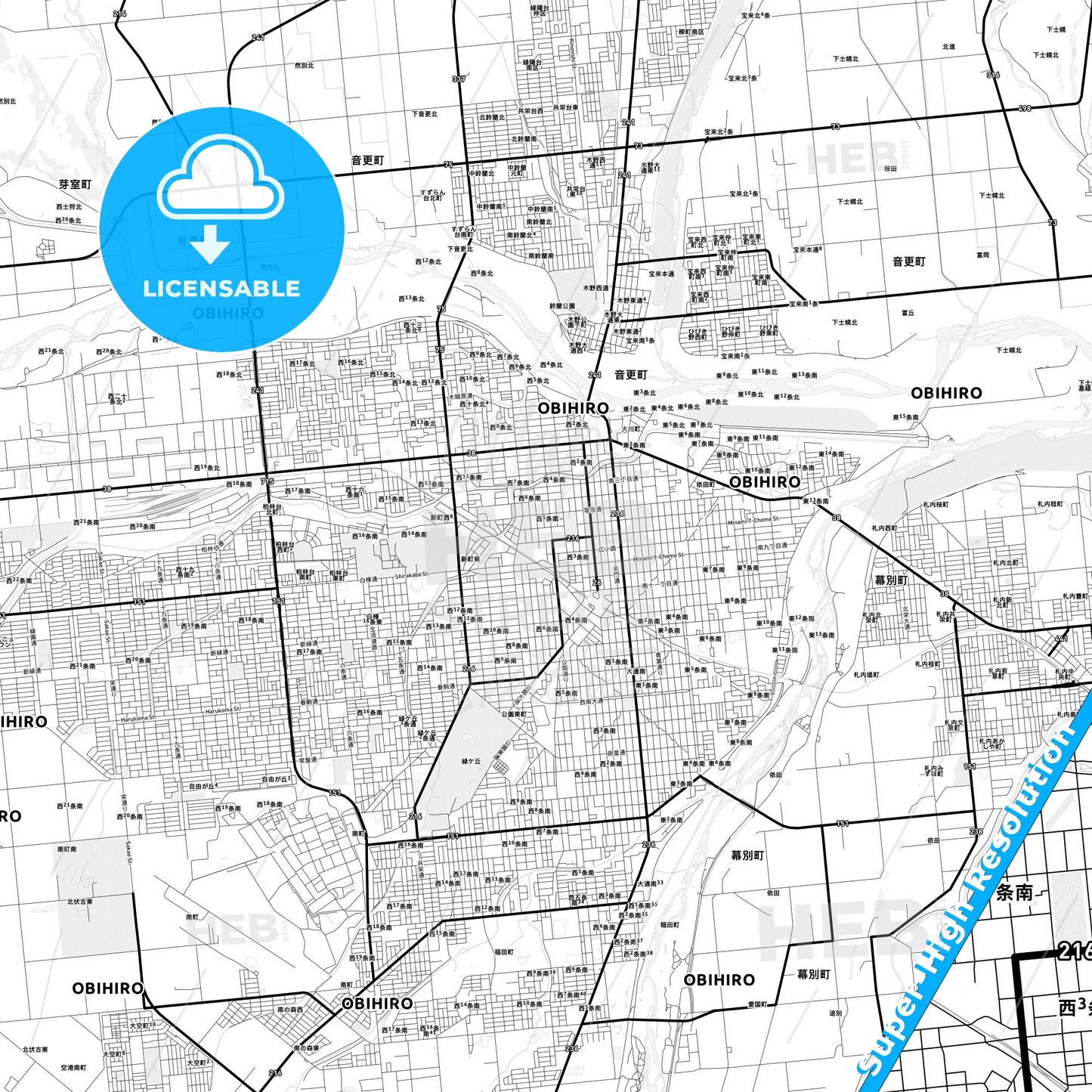Obihiro, Japan Light Map with Street Names, City Names, and Districts