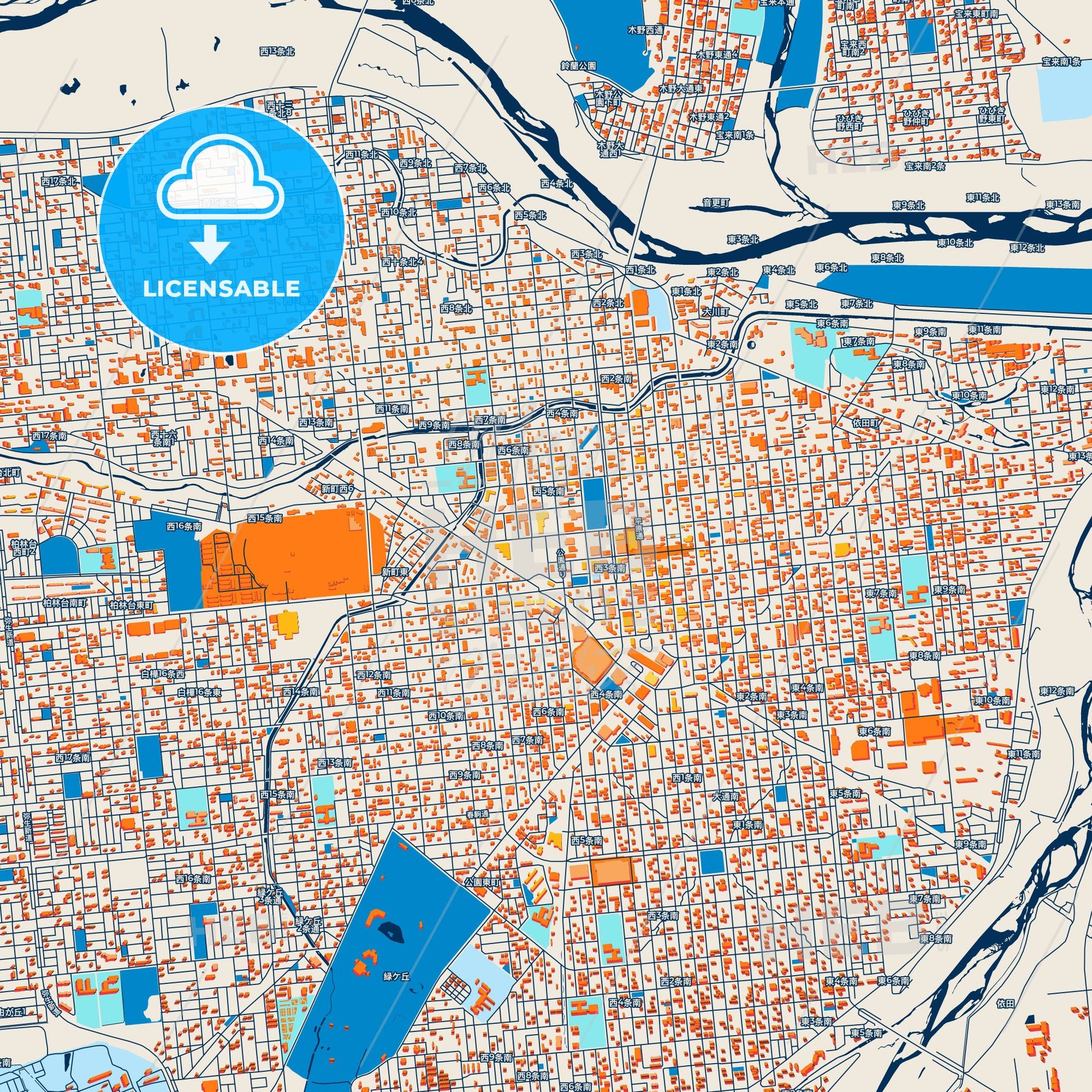 Colorful Obihiro Street Map with Labels and Buildings