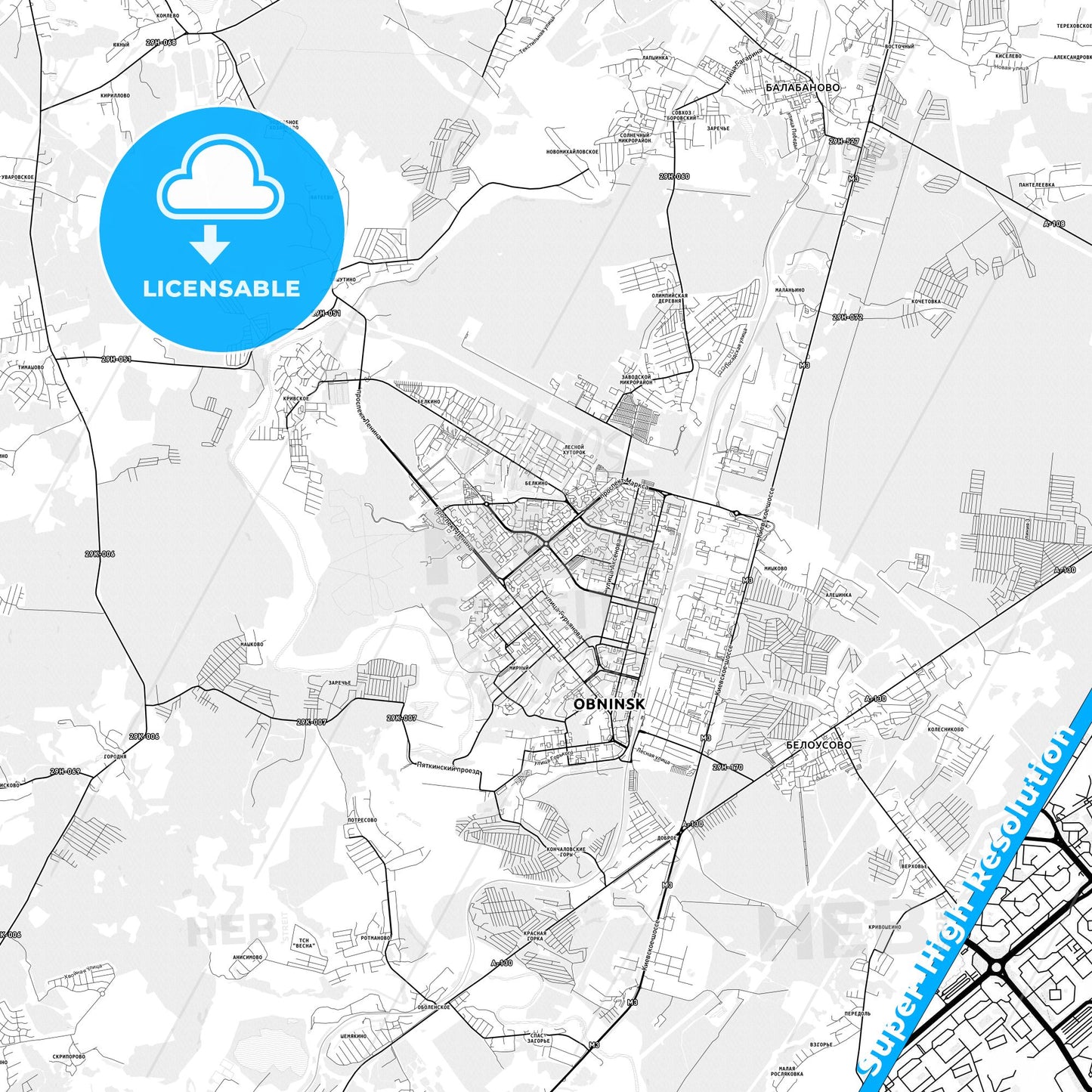 Obninsk, Russia light map with streetnames, citynames and districts