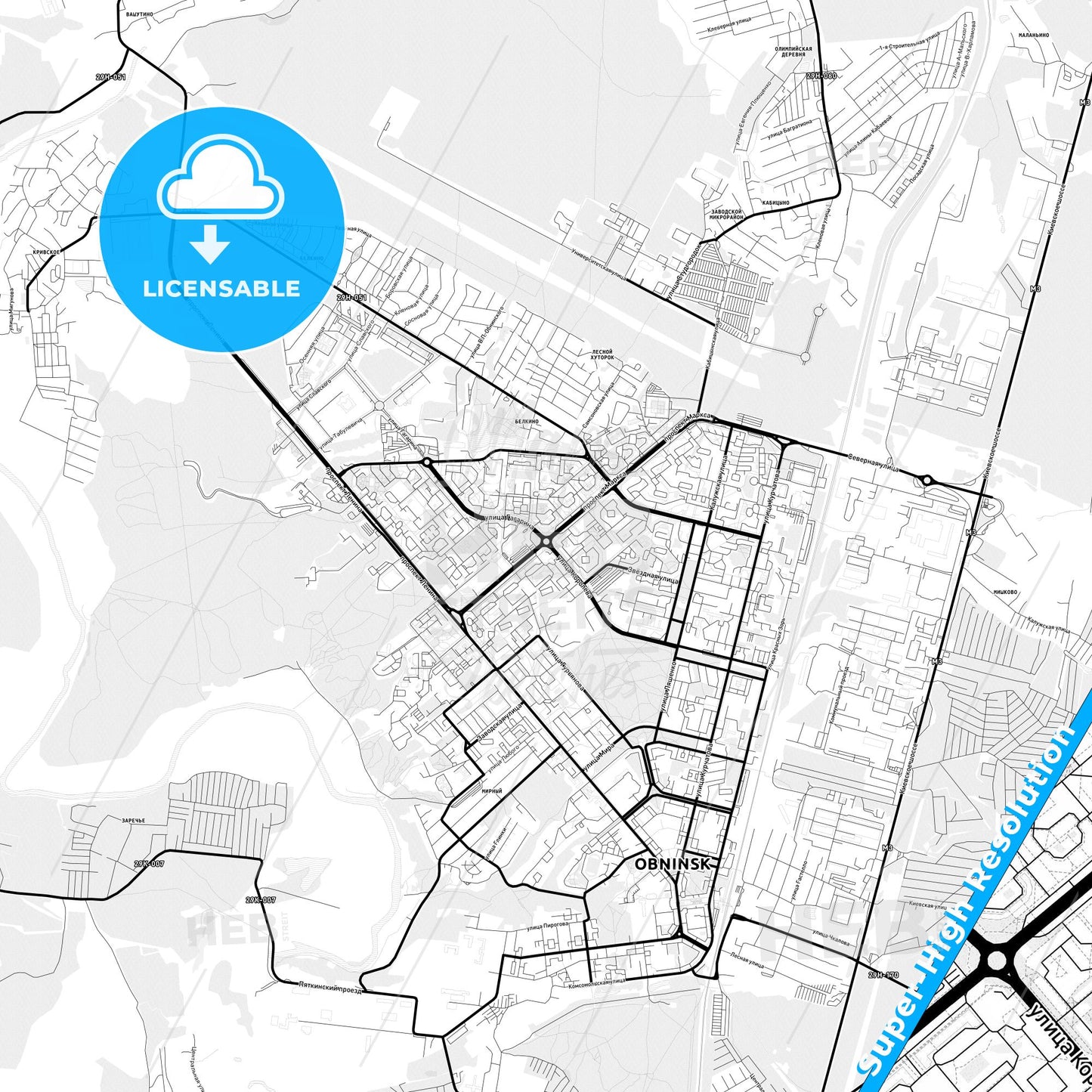 Obninsk, Russia Light Map with Street Names, City Names, and Districts