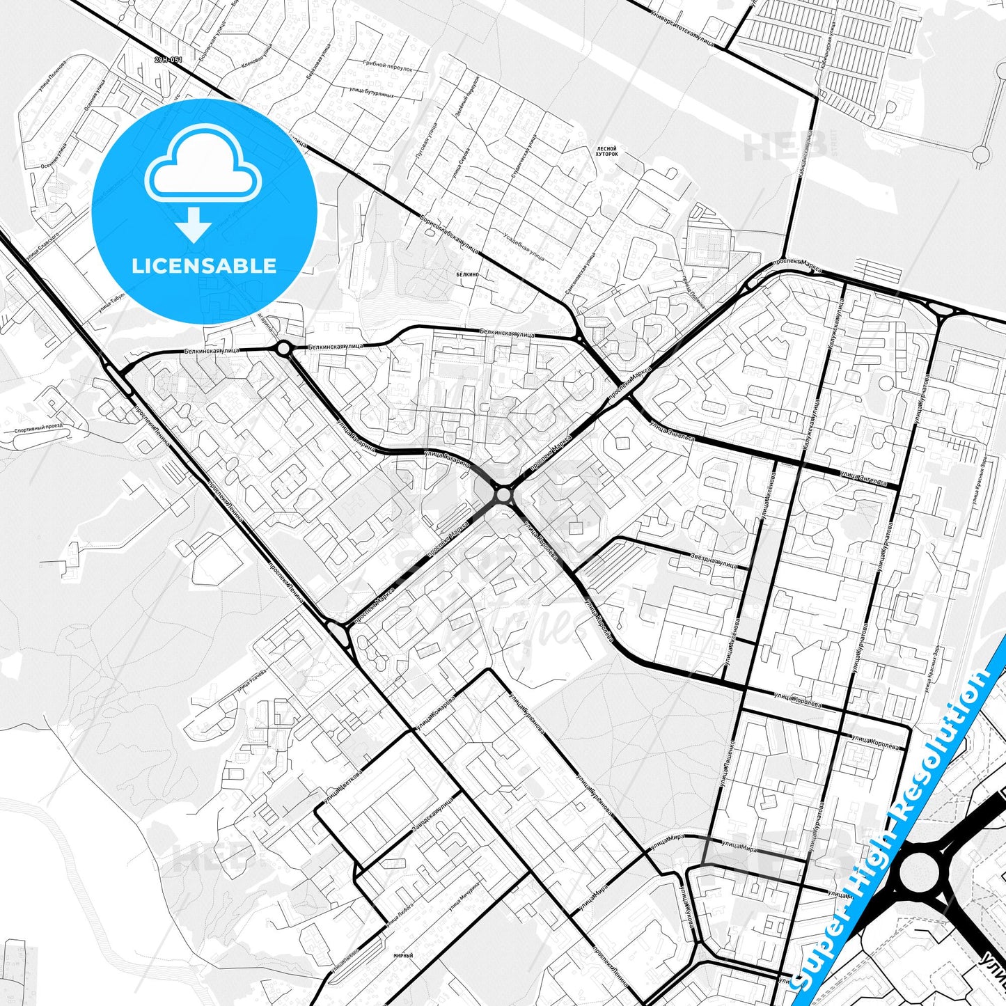 Obninsk, Russia Light Map with Street Names, City Names, and Districts
