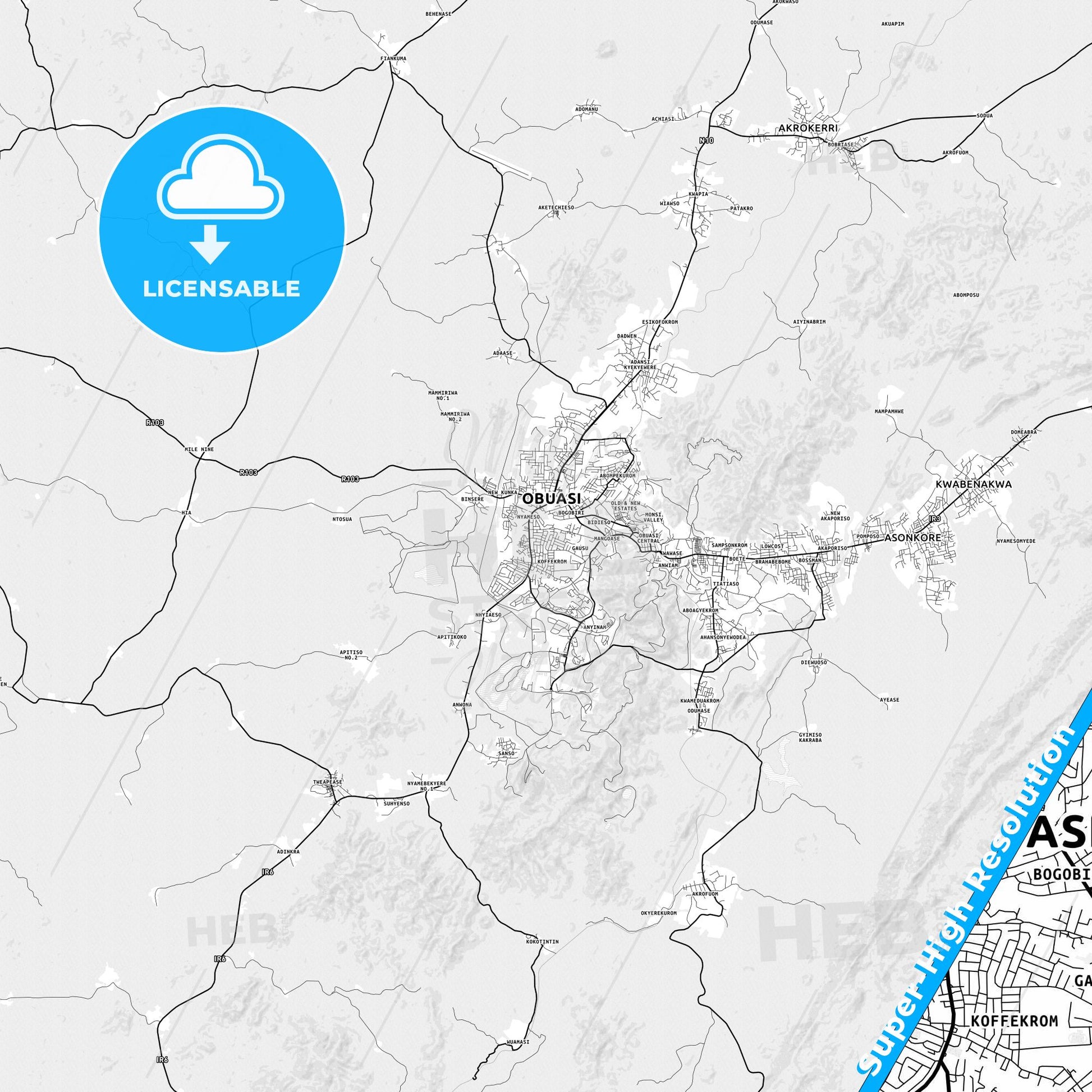 Obuase, Ghana light map with streetnames, citynames and districts