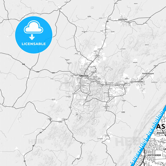 Obuase, Ghana light map with streetnames, citynames and districts