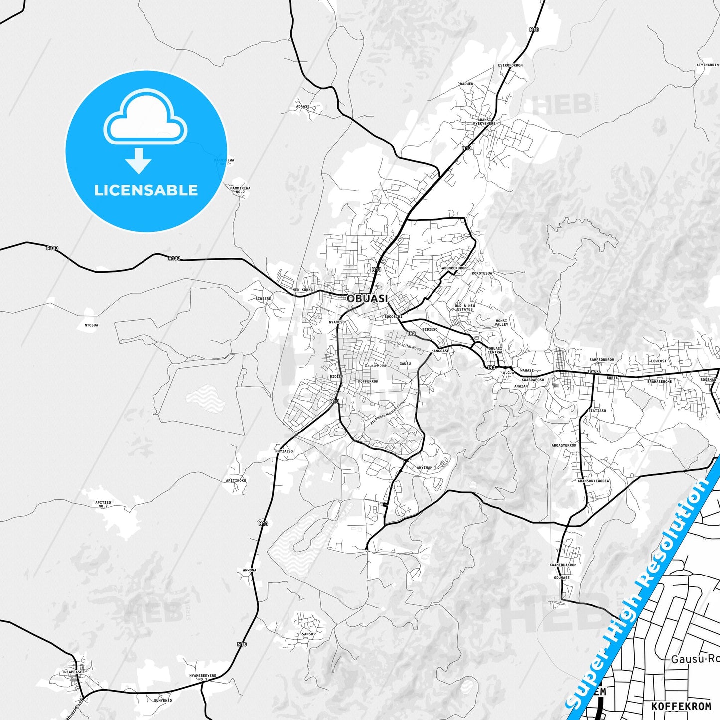 Obuase, Ghana Light Map with Street Names, City Names, and Districts