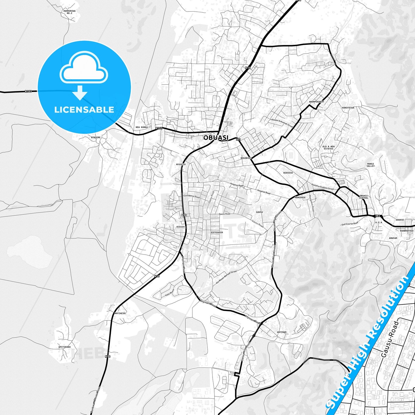 Obuase, Ghana Light Map with Street Names, City Names, and Districts
