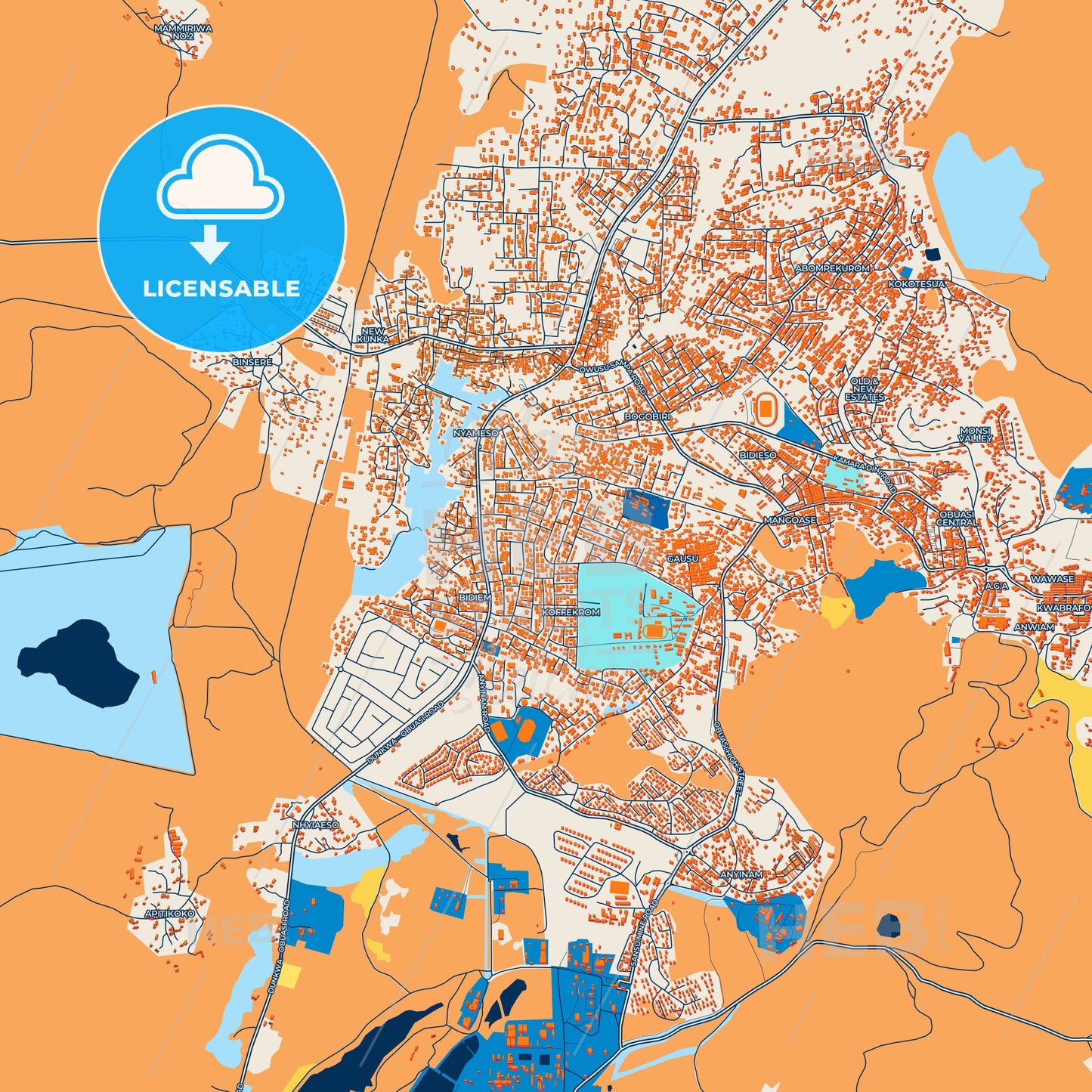 Colorful Obuase Street Map with Labels and Buildings