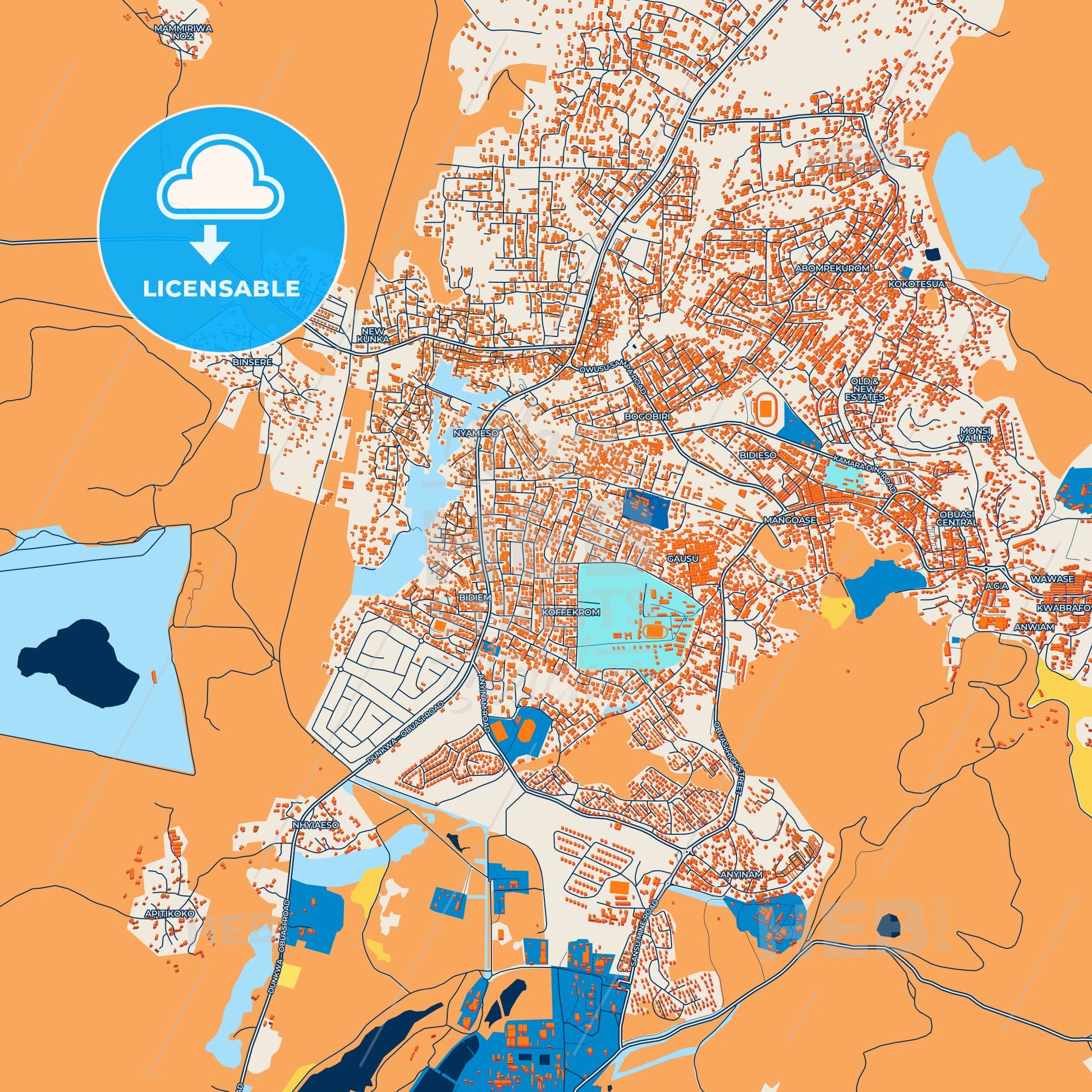 Colorful Obuase Street Map with Labels and Buildings