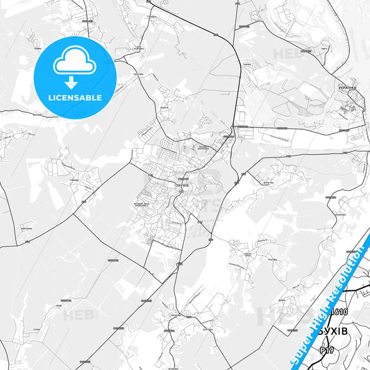 Obukhiv, Ukraine light map with streetnames, citynames and districts