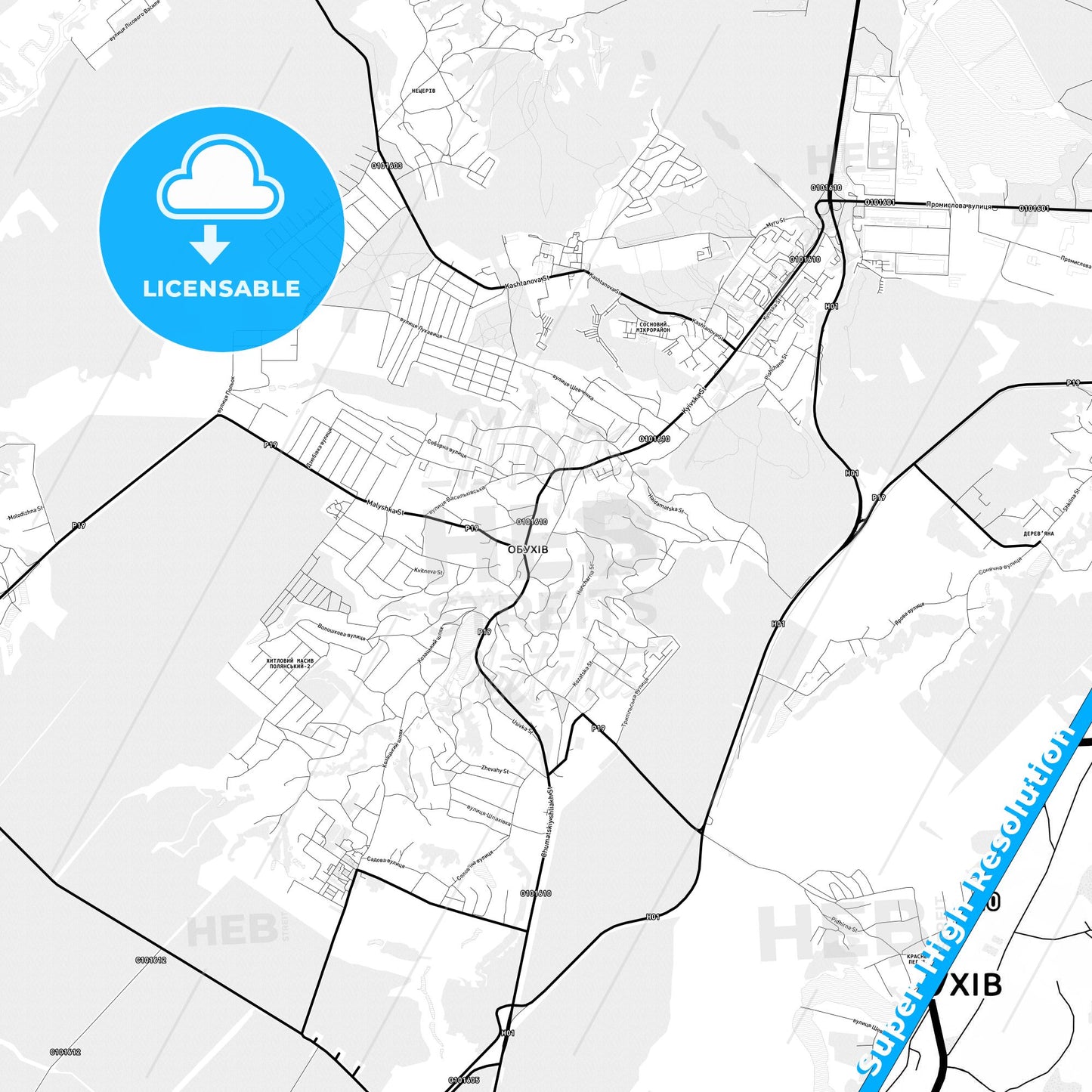 Obukhiv, Ukraine Light Map with Street Names, City Names, and Districts