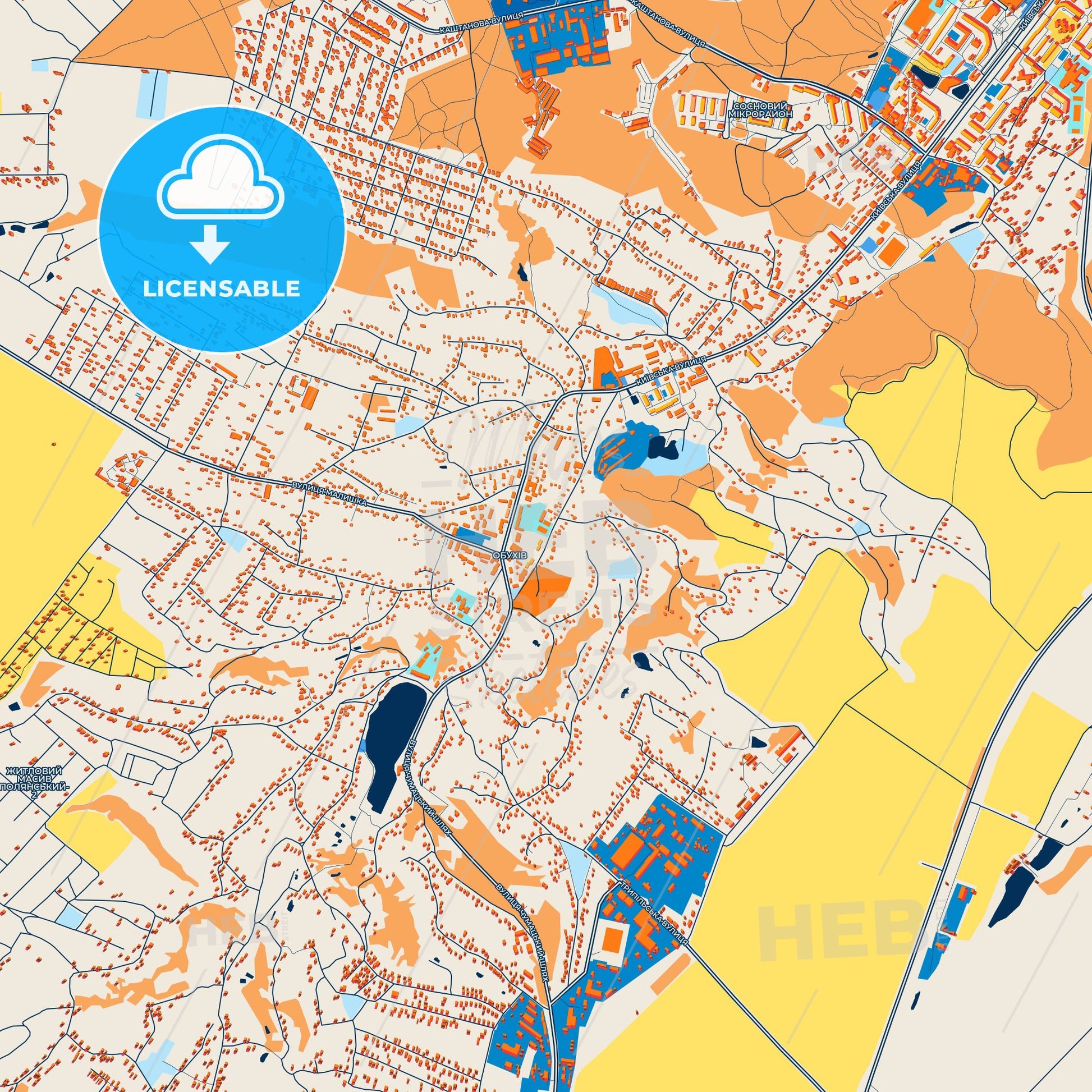 Colorful Obukhiv Street Map with Labels and Buildings